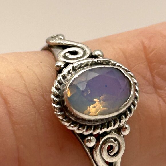 Sterling Silver 925 Rainbow Stone Ring Size 5.5 Artisan Scroll Design - Picture 10 of 13